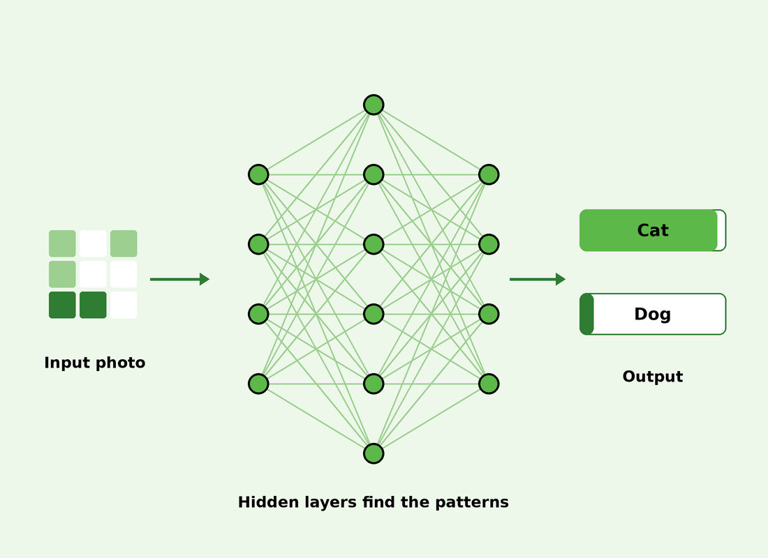 Diagram showing a neural network classifying a photo as a cat
